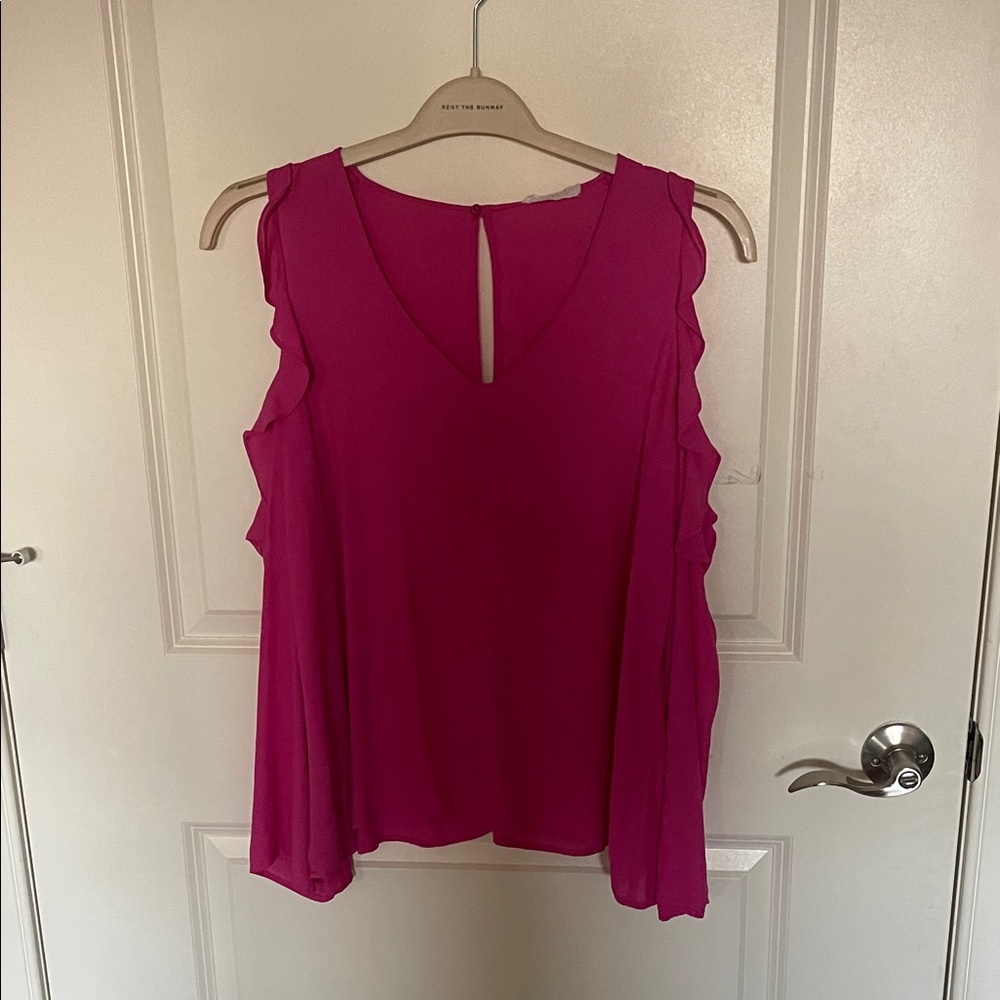 Cold shoulder Fuchsia Ruffle Sleeve Blouse